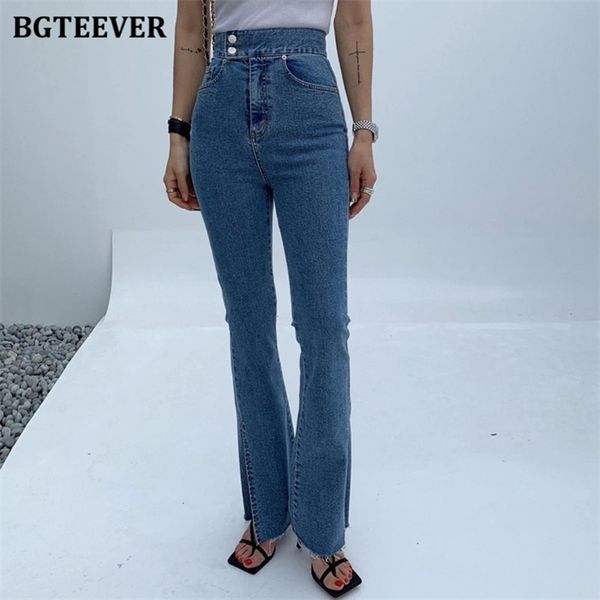 bgteever fashion women double button flare jeans pants high waist stretched side split female denim blue trouser spring